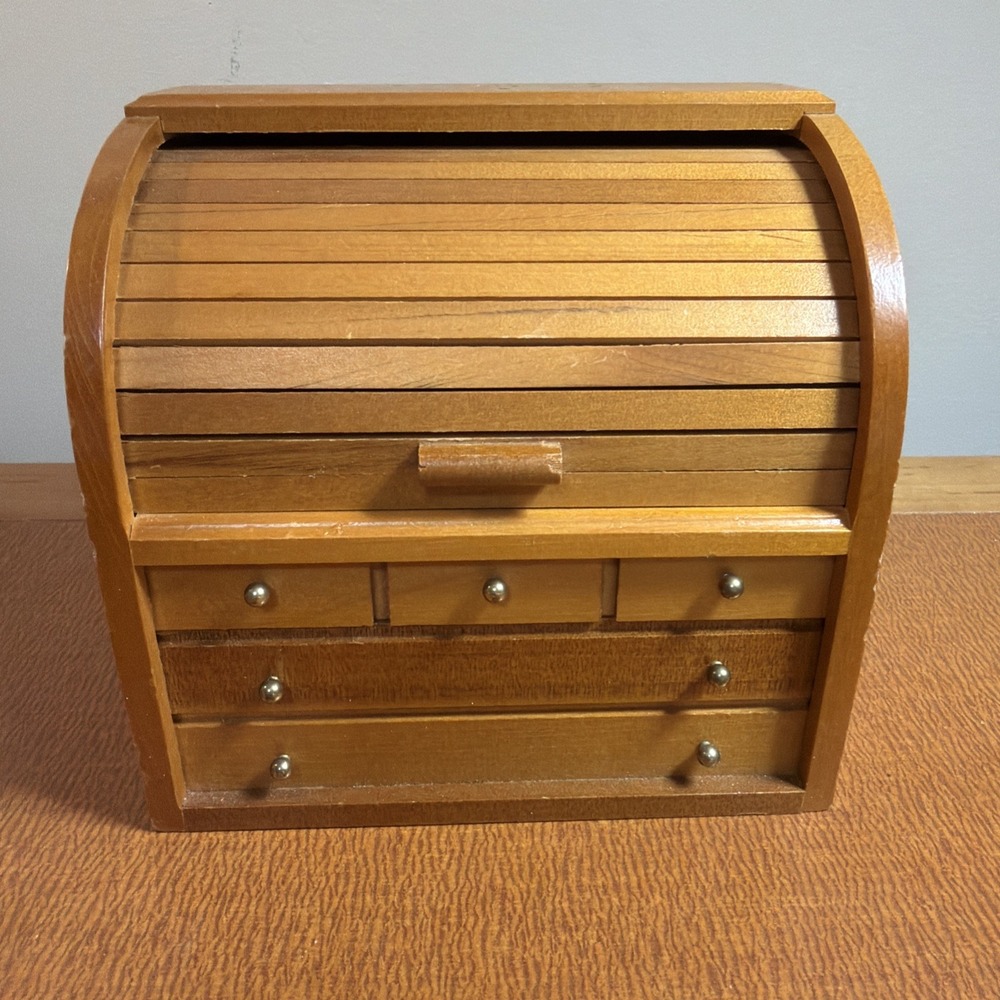 Vintage Wooden Roll Top Jewelry Box Mini Desk Organizer Drawers Made in Taiwan